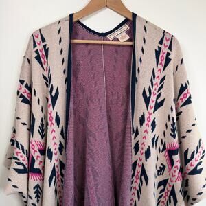 Flying Tomato Aztec Knit Shawl Cardigan Top Layer Cream Blue Pink Boho S/M Flaws